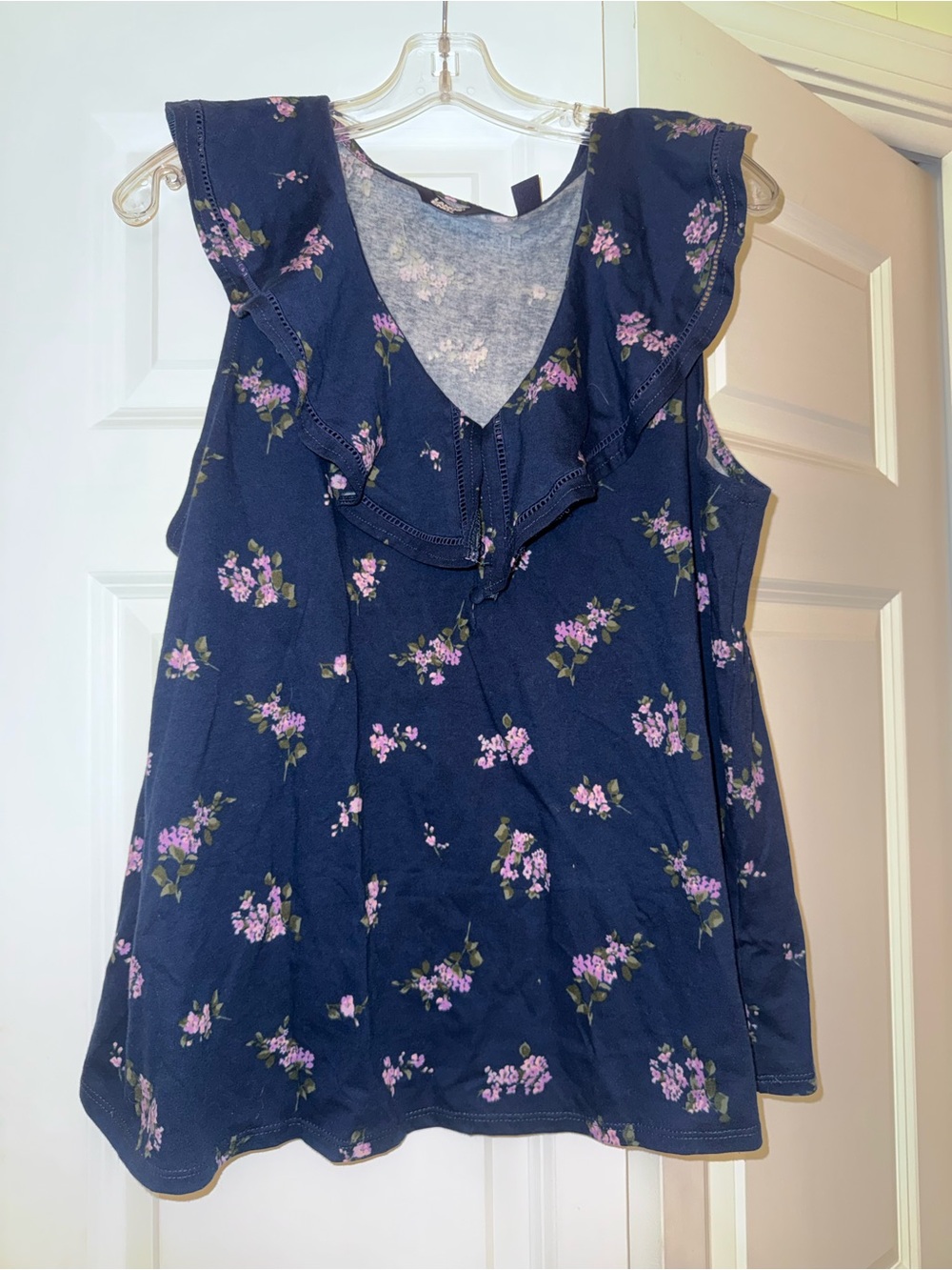 Lands' End Navy Floral Ruffle V-Neck Sleeveless Top